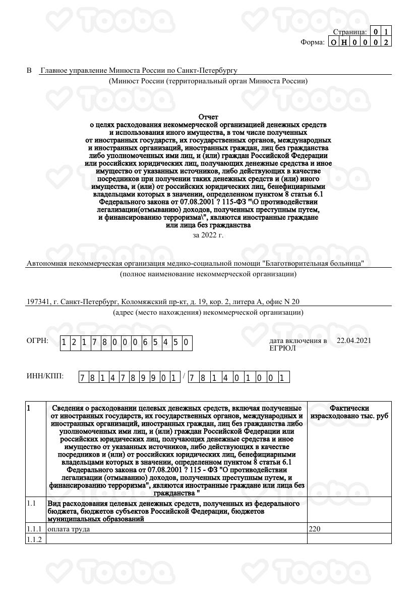 отчет_минюст_2022.pdf фонда «Благотворительная Больница», страница 1