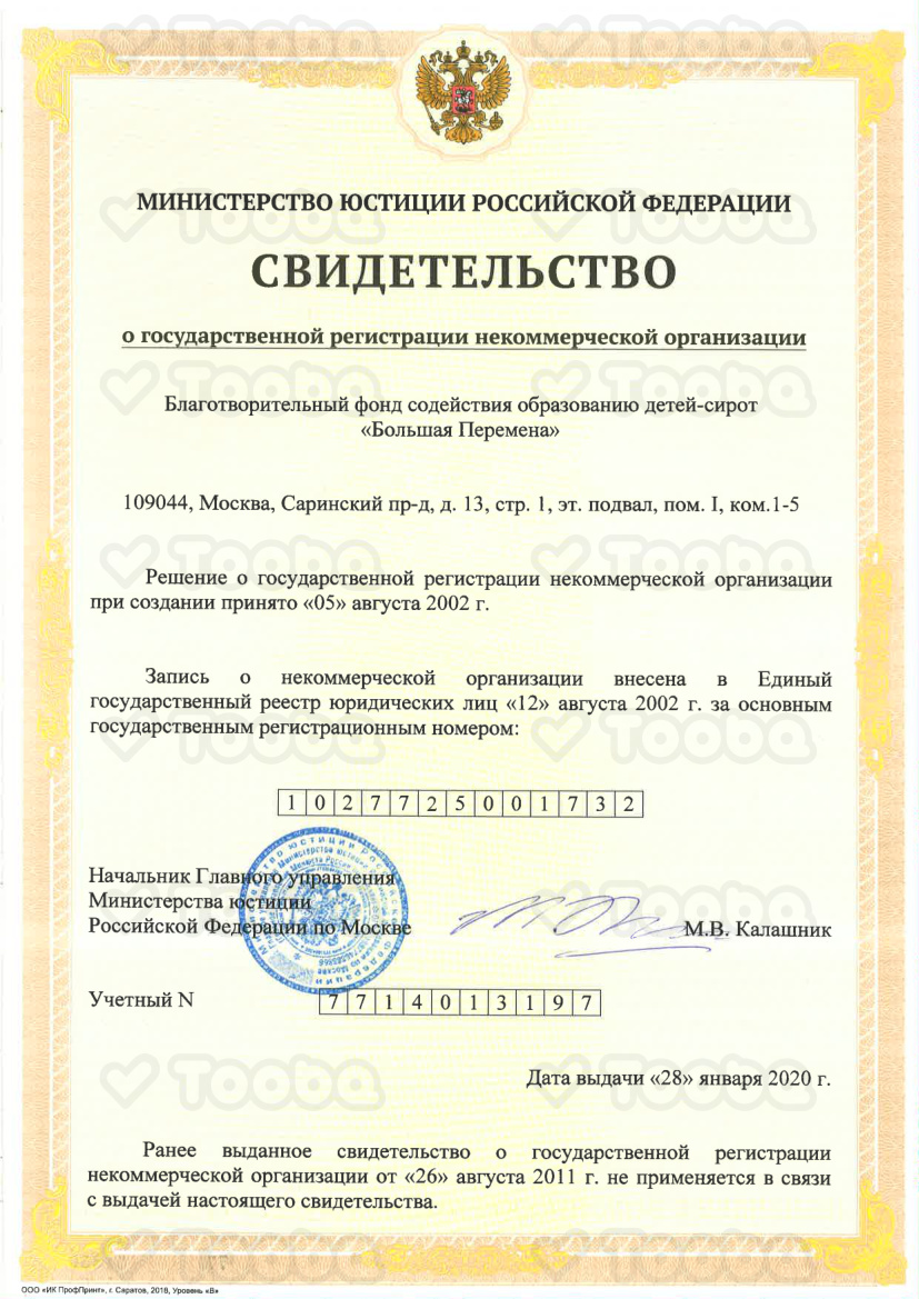 Свидетельство о регистрации, Big Change Charity Foundation., page 1