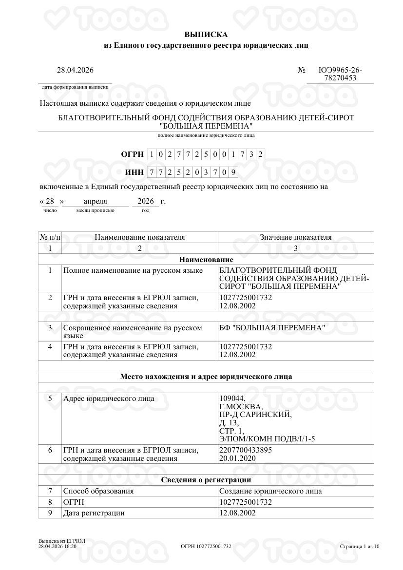 ЕГРЮЛ, Big Change Charity Foundation., page 1