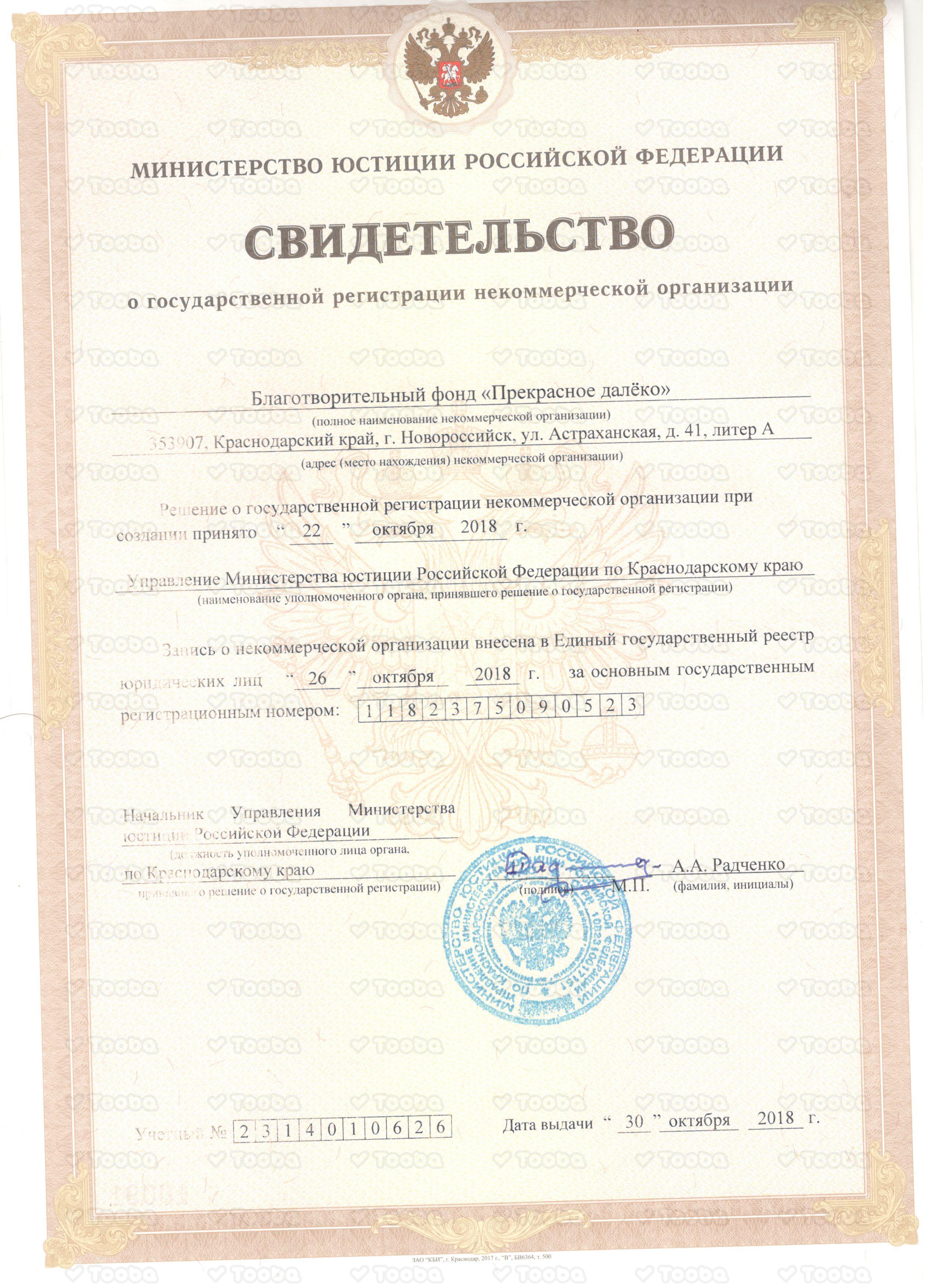св-во_о_гос.регистрации_БФ_Прекрасное_далёко.jpg, Prekrasnoe daleko, page 1
