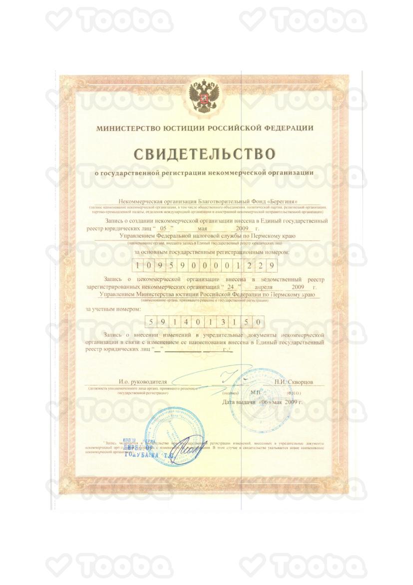 svidetelstvo_o_registracii_nko_bf_bereginya_148.pdf, Bereginya, page 1