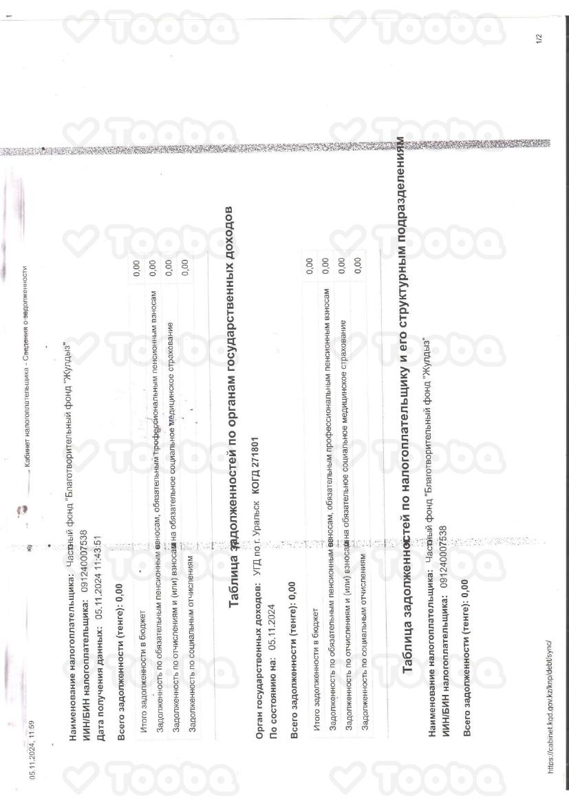 Справка_о_наличие_или_отсутствие_задолженности.pdf, Charity Fund "Zhuldyz", page 1