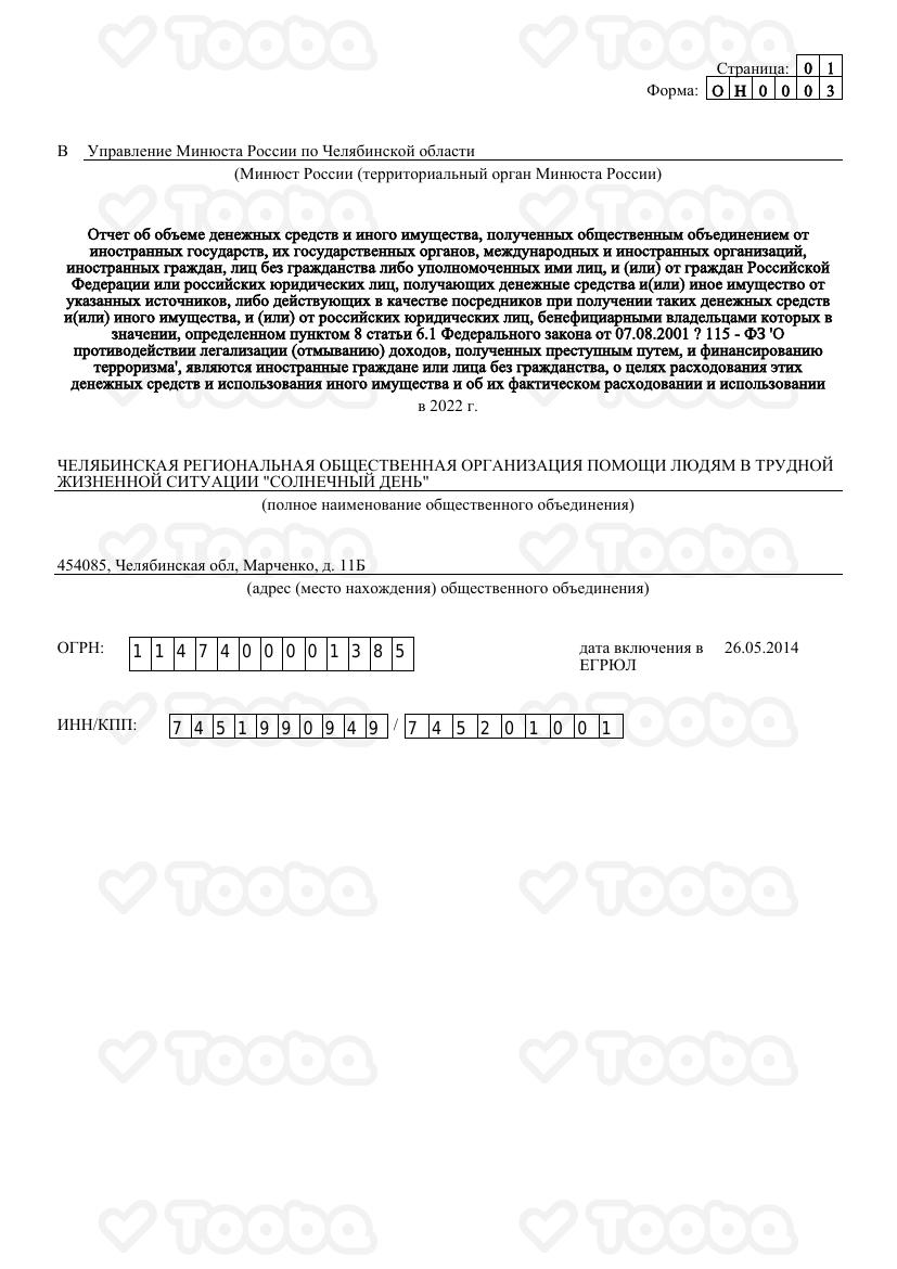 Отчет_в_Минюст_за_2022_1.pdf фонда «Солнечный день», страница 1